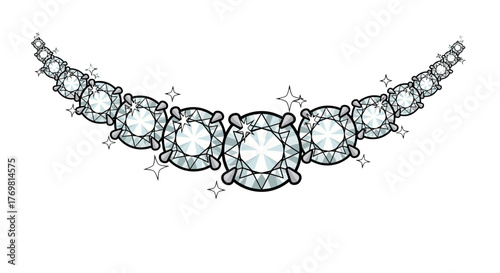 Sparkling diamond necklace illustration with a curved arrangement of brilliant-cut gemstones and starburst accents, isolated on a black background, perfect for luxury, jewelry, and fashion themes