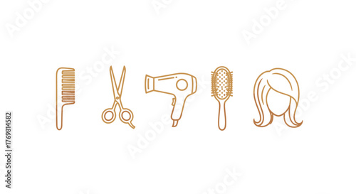 Golden gradient line art icons representing a woman's hairstyle, scissors, hairdryer, comb, and brush, symbolizing a hair salon or beauty service, presented on a clean black background for versatile