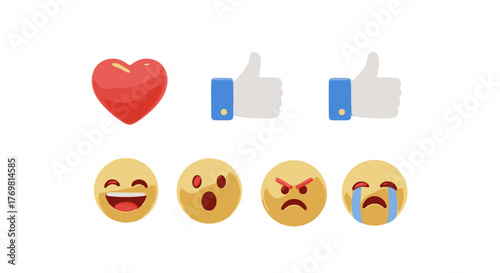 Collection of 3D social media reaction icons including a red heart, two thumbs up, a laughing emoji, a surprised emoji, an angry emoji, and a crying emoji, presented on a black background for