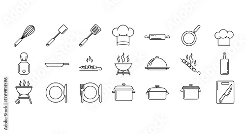 Collection of simple linear illustrations featuring various cooking utensils and food-related items, including whisks, spatulas, rolling pins, pans, pots, chef hats, barbecue grills, dishes, and
