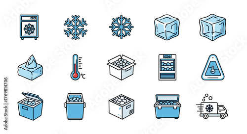 Modern outline style icons representing cold storage and freezing processes, including refrigerators, ice cubes, snowflakes, thermometers, ice boxes, and a delivery truck, suitable for design, apps