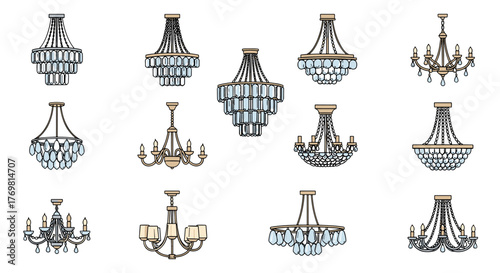 Collection of twelve diverse chandelier designs, featuring crystal, glass, and metallic elements, presented as isolated vector cartoon illustrations on a black background, ideal for interior design