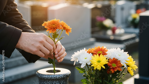 A person placing flowers on a grave in a cemetery. Mourning and remembrance on All Souls' Day. Close-up of hands at a tombstone during sunset