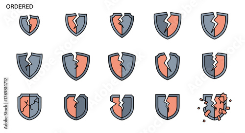 Collection of minimalistic cracked shield icons in various stages of damage, symbolizing broken security, vulnerability, or failure. Ideal for web design, app interfaces, banners, social media