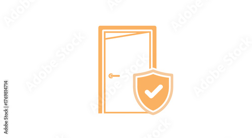 Orange minimalistic icon of a slightly open door with a shield and a checkmark symbol, representing protection, security, insurance, and safety. Ideal for web design, app interfaces, banners, social