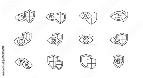 Set of minimalistic linear pictograms featuring an eye protected by a shield, symbolizing security, privacy, and surveillance. These icons are perfect for web design, app interfaces, social media