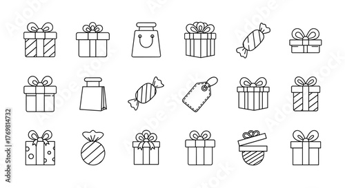 Collection of thin line art icons representing gifts, presents, shopping bags, and candies, perfect for web, books, cards, and apps. This editable stroke vector cartoon illustration on a white