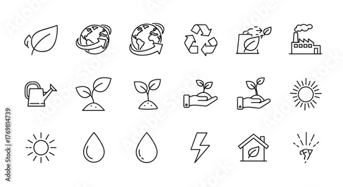 Collection of eco-friendly line icons representing nature, sustainability, and environmental protection, including leaves, globe, recycling symbol, watering can, growing plants, hand holding