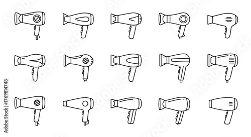 Collection of outline linear symbols representing hair dryers, perfect for graphic and web design, mobile applications, advertisements, and various card designs. This vector cartoon illustration