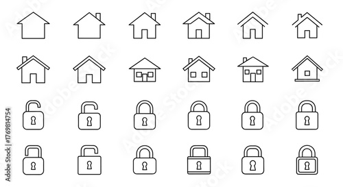 Minimalistic vector illustration of a house with a lock, symbolizing security, real estate, home ownership, and safety. This clean, modern design is perfect for web graphics, app icons, banners