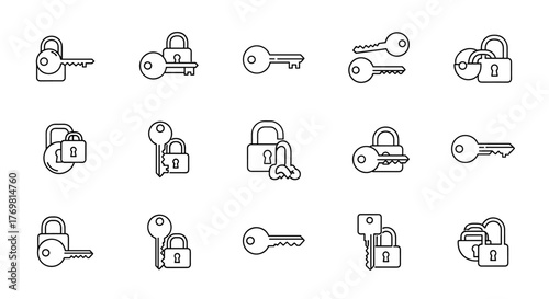A collection of minimalistic line icons featuring keys and locks, presented in a clean, white outline style against a black background, ideal for web design, app interfaces, social media graphics
