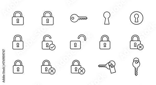 Collection of outline lock and key icons, representing security, access, and privacy. This versatile vector pack includes various padlock symbols, open and closed, along with keys, suitable for web