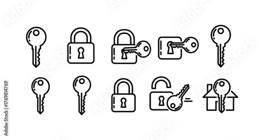 A clean and modern vector illustration featuring a set of keys and locks presented in a line, symbolizing security, access, and digital protection. This graphic is perfect for concepts related to