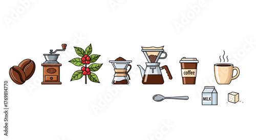 A vibrant and detailed linear vector illustration showcasing the entire coffee-making process, from raw beans and a manual grinder to a coffee plant, pour-over brewing, a takeaway cup, a steaming