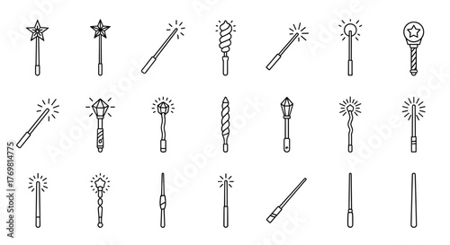 Collection of outline magic wands and scepters, simple linear vector illustrations with editable stroke, suitable for web, books, cards, and apps, cartoon style, representing fantasy, power, and