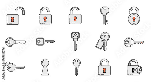 Modern outline style icons of locks and keys, presented as a clean, ordered set on a white background, perfect for design elements in cards, apps, and social networks, offering a versatile vector