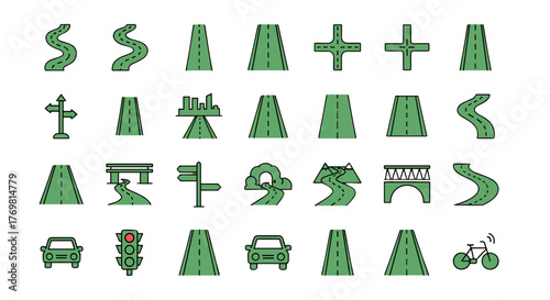 Collection of minimalistic green road icons, featuring winding paths, straight highways, intersections, bridges, tunnels, traffic lights, cars, and a bicycle, perfect for web design, app development