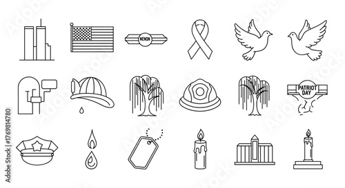 Patriot's Day Memorial Outline Icon Bundle: A collection of black line icons on a white background, featuring symbols of remembrance, sacrifice, and national pride, including the Twin Towers