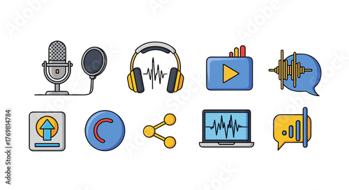 Set of eight flat design icons representing podcasting and audio technology, including a vintage microphone with pop filter, modern headphones with sound waves, a play button, sound wave in a speech