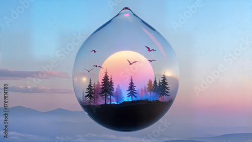 Wallpaper Mural A minimalist sci-fi scene depicting a giant glass teardrop suspended in a void, reflecting a spectrum of vibrant colors. Inside, surreal miniature worlds thrive—mechanical birds soar through crystalli Torontodigital.ca