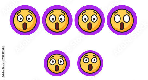 Surprised Emoji Faces with Wide Open Mouths and Big Eyes, Set Against a Vibrant Purple Circular Background, Vector Cartoon Illustration. This Collection Features Multiple Expressive Emoticons