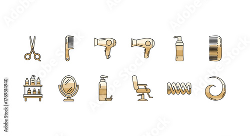 Golden gradient set of icons for a hair salon, including scissors, combs, hair dryers, bottles of shampoo and conditioner, a mirror, a barber chair, and hair styling elements, presented on a black