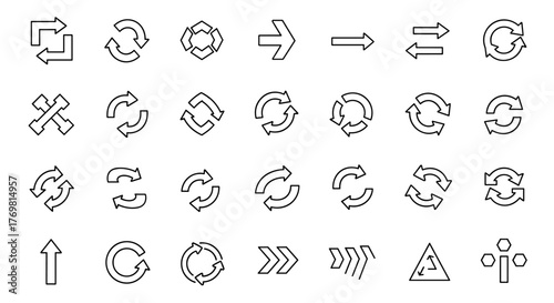 Collection of outline arrow icons, including circular arrows, straight arrows, and directional signs, perfect for graphic design, web development, app interfaces, advertising, and various digital and