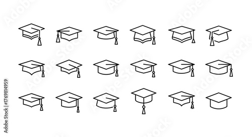 Collection of simple, isolated line icons representing academic square caps, perfect for web, books, cards, and apps. This editable stroke vector cartoon illustration is vivid and suitable for