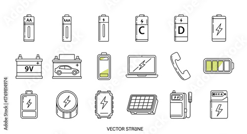 Collection of battery icons and power symbols in outline style, including AA, AAA, C, D, 9V, car batteries, laptop, phone, solar panel, and charging station, perfect for infographics, articles