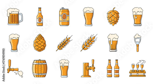 A vibrant and diverse collection of beer-related icons, featuring frothy mugs, bottles, cans, hops, wheat stalks, barrels, taps, and openers, all rendered in a clean, modern cartoon style perfect for