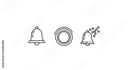 Set of three thin line icons representing bells, a sound wave, and a notification alert, suitable for web, apps, and digital interfaces. This editable stroke vector illustration features a classic