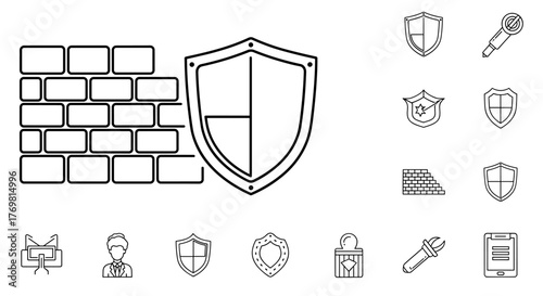 Set of linear symbols and icons representing security, protection, and data integrity, featuring a brick wall, a shield, and various other graphic elements suitable for digital and print design