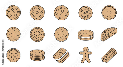 Set of 15 thin line vector icons representing various types of cookies and biscuits, including chocolate chip, gingerbread man, sandwich cookies, and wafer cookies, all isolated on a black background