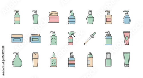 Set of 21 flat cosmetic bottles and jars icons with pastel colors, perfect for web, apps, books, and cards, representing skincare, beauty, and personal care products in a clean, modern cartoon style