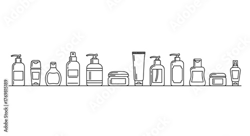 Minimalistic linear outline vector illustration of various cosmetic bottles and containers arranged on a shelf, perfect for web design, graphic design, apps, banners, social networks, cards, and