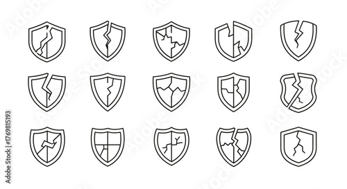 Collection of 15 cracked shield outline linear symbols, representing vulnerability, broken security, and risk, perfect for graphic and web design, apps, adverts, and various cards, presented as