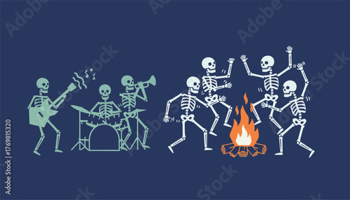 A group of skeletons dancing around a bonfire their bones clattering in rhythm to haunting music played by a ghostly band.
