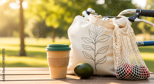 Vector reusable coffee cup and eco tote bag