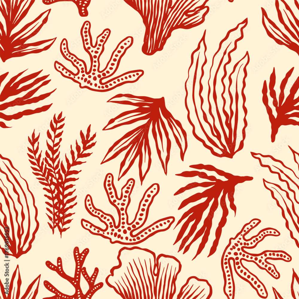 Fototapeta premium Corals and seaweed seamless pattern. Abstract Botanical Illustration. Underwater sea plants and flora. Hand Drawn