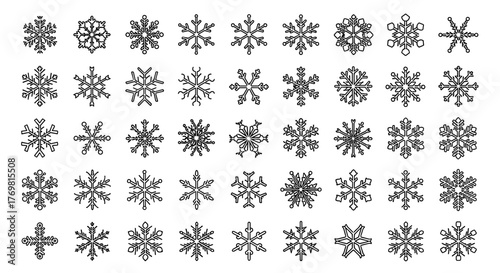 Collection of 40 unique, intricately detailed snowflake icons with editable strokes, perfect for web, books, cards, and apps, presented as a vector cartoon illustration on a clean white background