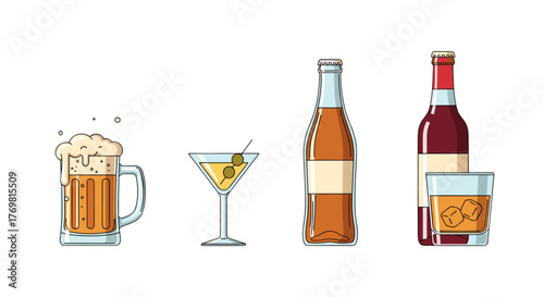 Vibrant vector illustration showcasing a diverse collection of alcoholic and non-alcoholic beverages, including a frothy mug of beer, a classic martini with olives, a sleek bottle of amber liquid