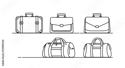 A collection of minimalist, linear icons representing various types of luggage and briefcases, perfect for web design, graphic applications, banners, and social media graphics, conveying travel and