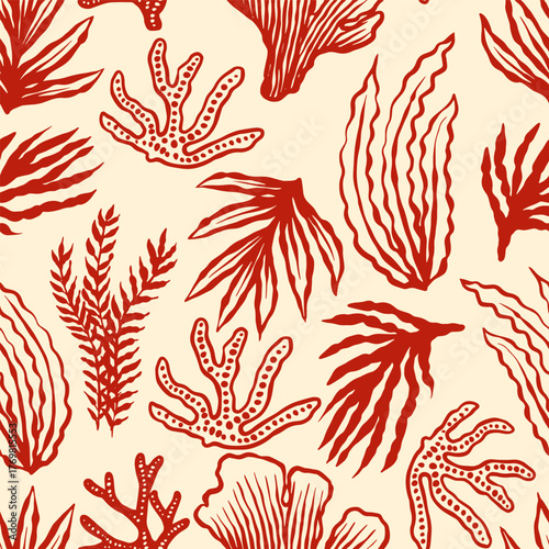 Corals and seaweed seamless pattern. Abstract Botanical Illustration. Underwater sea plants and flora. Hand Drawn 