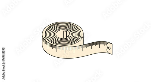 Stylized vector illustration of a measuring tape unrolling, showcasing its coiled form and graduated markings, perfect for fashion, tailoring, design, and DIY projects, symbolizing precision and