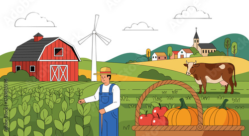Vibrant modern abstract illustration of a farm scene featuring a farmer tending crops, a red barn, a windmill, a cow grazing in a field, a basket overflowing with apples and pumpkins, and a quaint