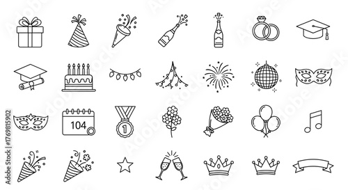 A diverse collection of festive line icons, perfect for celebrating special occasions, including gifts, party hats, champagne, graduation caps, cakes, fireworks, masks, medals, flowers, balloons