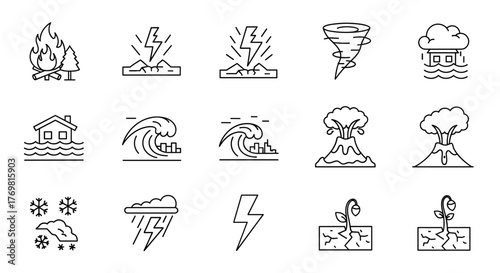 Vector pictograms of natural and environmental calamities, including wildfire, earthquake, tornado, flood, tsunami, and volcano eruption, presented as a line icon set for disaster and weather hazard