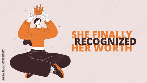 Vector illustration of woman with text She Finally Recognized Her Worth symbolizing self-love and empowerment.
