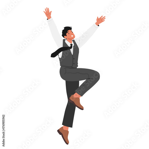 Trendy fashion businessman cartoon character jumping up high raising hand with joyful emotion