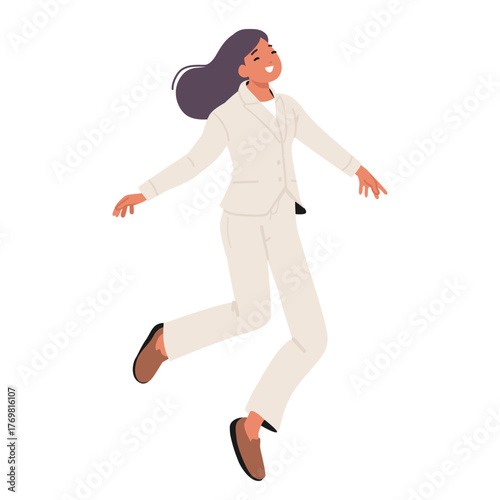Happy businesswoman cartoon character feeling joy and motivation jumping up high isolated on white